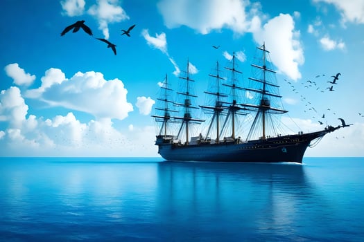 A large sailing ship in the ocean with birds flying above photo