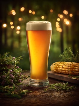 Refreshing Beer with Corn on the Cob and Herbs. A close up image of a glass of beer surrounded by fresh herbs and grilled corn on a rustic wooden surface. photo