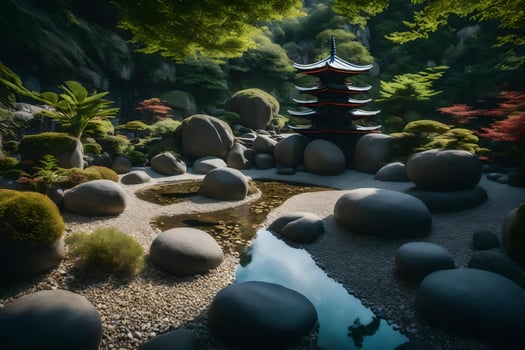 A japanese pagoda in a forest with rocks and water photo