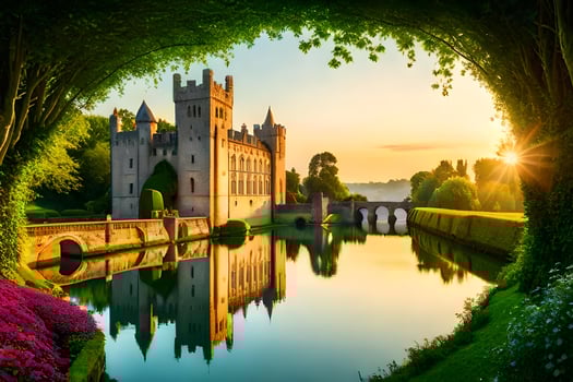 A castle sits in the middle of a river photo