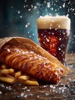 Crispy Fish and Chips with a Cold Beer A Classic Pub Meal. photo