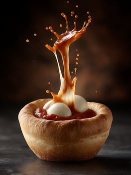 Bread Bowl with Eggs and Sauce Splash A Delicious Food Photography Image. photo