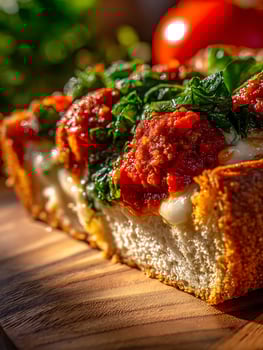 Close Up of Delicious Deep Dish Pizza with Spinach and Sausage. photo