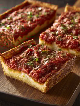 Delicious Deep Dish Pizza Slices on Wooden Board. photo