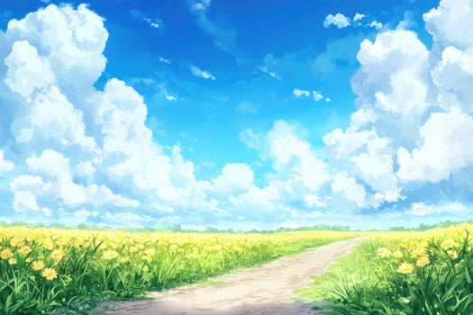 Sunny field path under a vast, cloud-filled sky photo