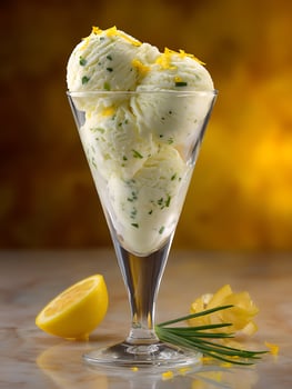 Refreshing Lemon and Chive Ice Cream in Elegant Glass. photo
