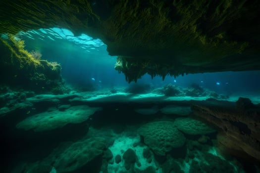 An underwater cave with a large rock and coral photo