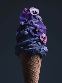 Gourmet Ice Cream Cone Adorned with Pansies. A close up image of a dark purple ice cream cone decorated with vibrant purple and white pansies. photo