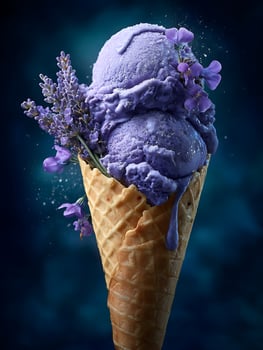 Delicious Lavender Ice Cream in a Waffle Cone with Fresh Flowers. photo