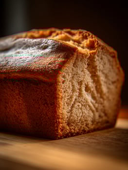 Close Up of a Loaf of Homemade Brown Bread on a Wooden Cutting Board. photo