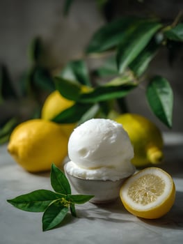 Refreshing Lemon Sorbet in a Bowl with Lemons and Leaves. photo