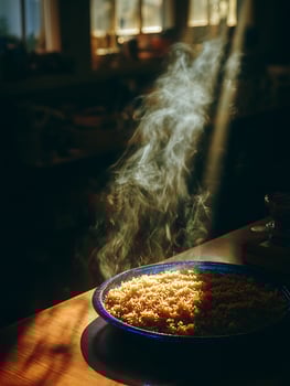 Steaming Hot Dish of Golden Rice on a Dark Wooden Table. photo