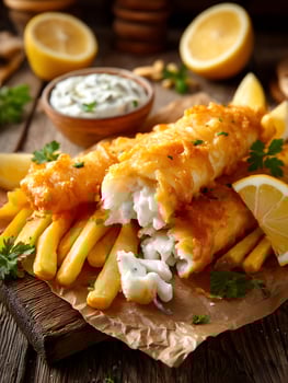 Crispy Fish and Chips with Tartar Sauce, Close Up Food Photography. photo