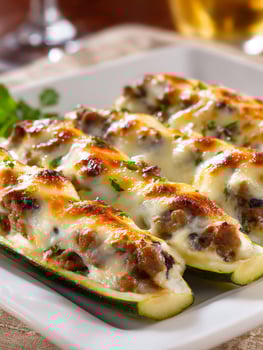 Close up of Delicious Stuffed Zucchini Boats with Melted Cheese. photo