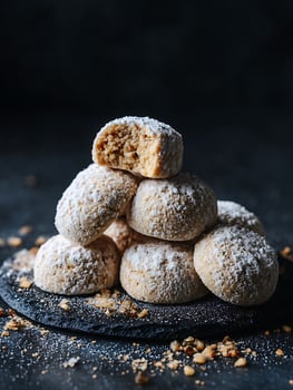 A Delicious Stack of Snowball Cookies, Close Up. Sweet Treats Ready to Enjoy. photo