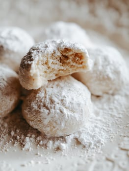 Close up of Delicious Snowball Cookies Covered in Powdered Sugar. photo