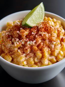 Creamy Mexican Street Corn in a Bowl with Lime and Chili Powder. photo