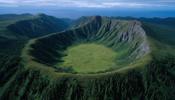 Symmetrical volcanic crater surrounded by moss plains nature landscape aerial view harmony photo