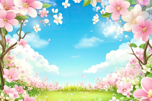 Springtime blossoms frame a vibrant landscape photo