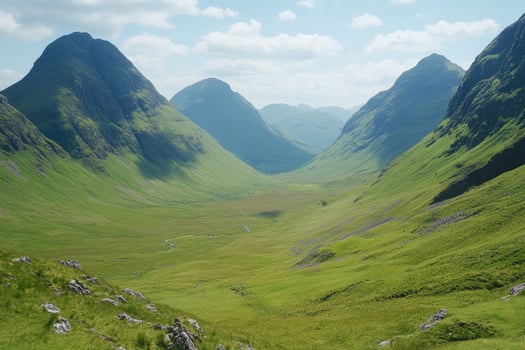 Lush valley between towering mountains photo