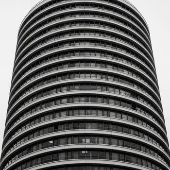 A black and white photo of a tall building