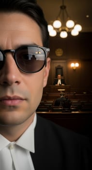 A man in a suit and sunglasses in front of a judge photo
