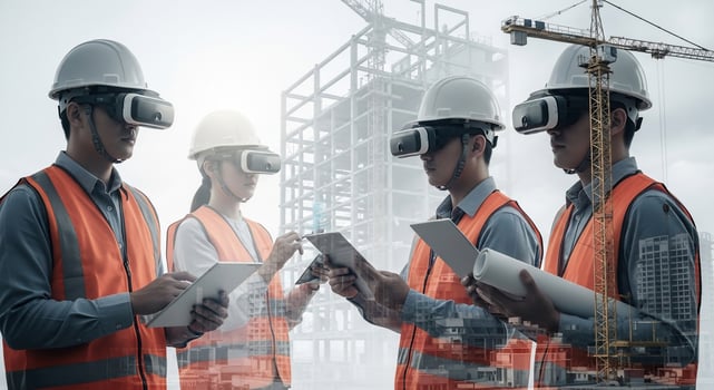 Construction Workers Utilizing VR Headsets and Tablets on a Building Site photo