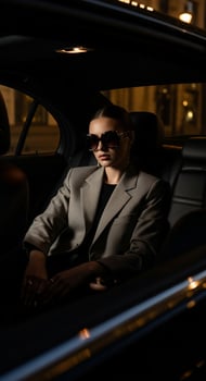 A woman in sunglasses sitting in the back seat of a car photo