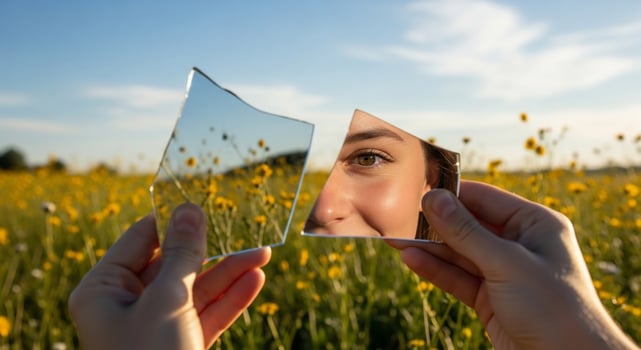 A woman holding up a mirror with a woman's face in it photo