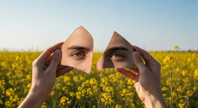 Two hands holding up a piece of a broken mirror photo