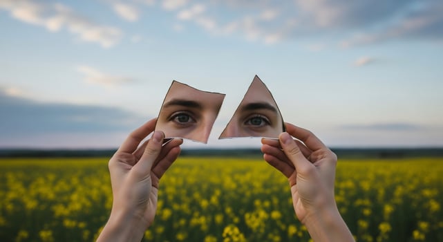 Two hands holding up a piece of a mirror in front of a field photo