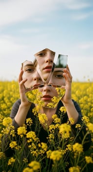 A woman holding up a mirror in front of a field of flowers photo