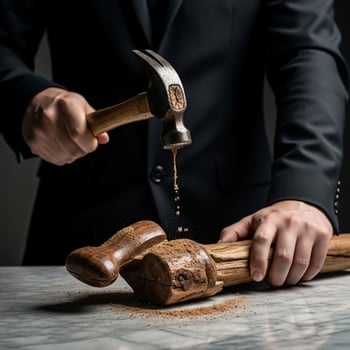 A man in a suit is holding a hammer and a wooden stick photo
