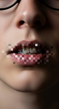 A woman with glasses and a pixelated mouth photo