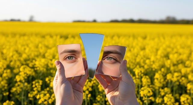 A person holding up a mirror with a person's face in it photo