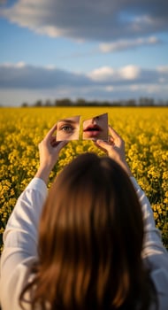 A woman holding up two pieces of paper in front of a field of flowers photo
