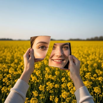Woman holding up two mirrors in front of a field of yellow flowers photo