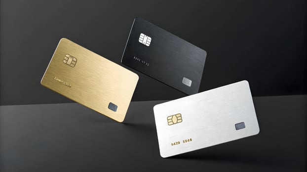 Sleek Metal Credit Cards in Gold Black and Silver Floating on a Dark Gray Background photo