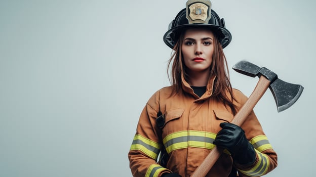 Studio Portrait of Attentive Firefighter with Axe photo