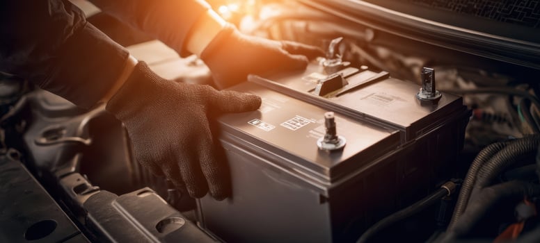 The technician installing a high-performance battery in a vehicle engine. photo