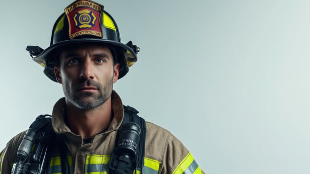 Dynamic Firefighter in Full Uniform Posing Against White Background photo
