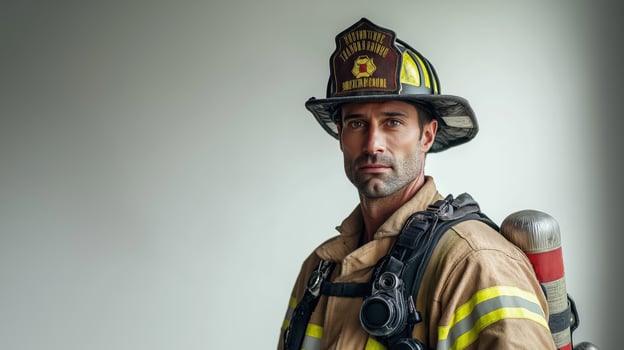 Confident Firefighter in Full Gear Against White Background photo