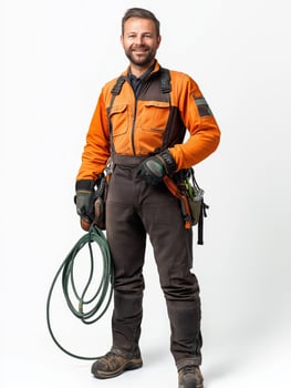 Friendly Gardener Smiling with Garden Hose Ready for Action photo