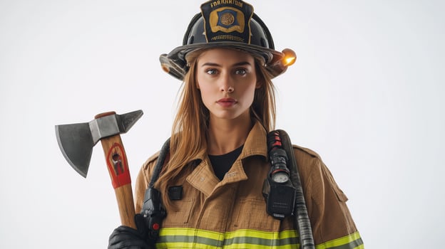Powerful Female Firefighter Ready for Action with Axe photo