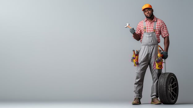 Committed Mechanic Holding Wrench and Tire in Professional Attire photo
