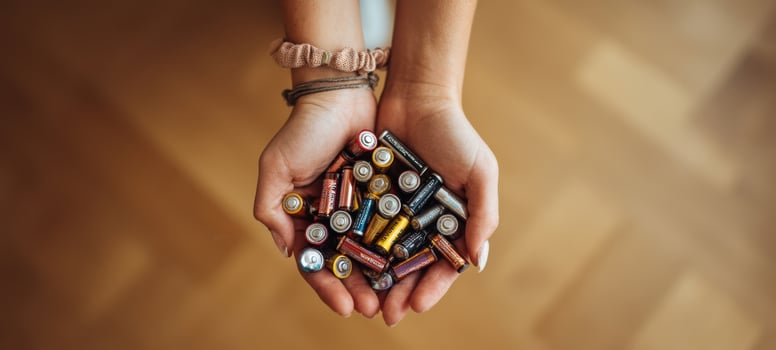The hands holding assorted batteries showcasing energy storage and sustainability. photo