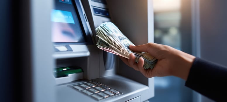 The ATM dispensing cash to a customer in a modern banking environment. photo