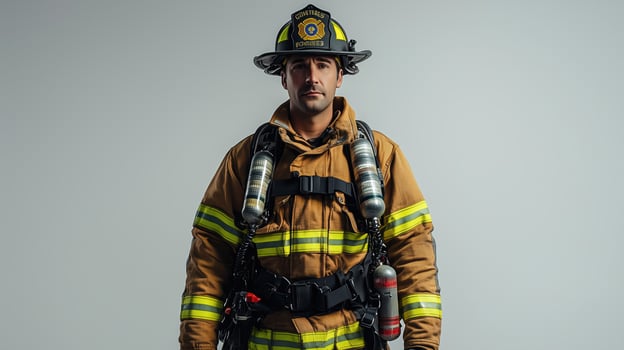 Steadfast Firefighter in Gear Posing with Determination photo