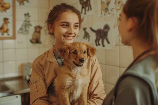 Young woman with dog at veterinarian appointment, pet care and vaccination concept, Veterinarian Day photo