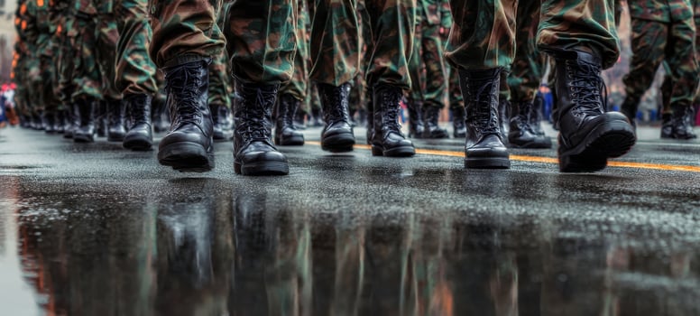The soldiers in uniform marching proudly on a rain-soaked street. photo